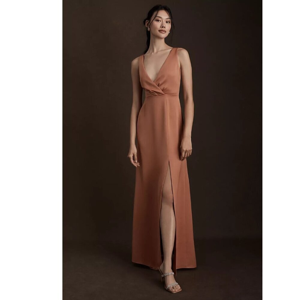 NWT BHLDN Piper V-Neck Side-Slit Satin Maxi Gown Wedding Bridesmaid in Sedona 4